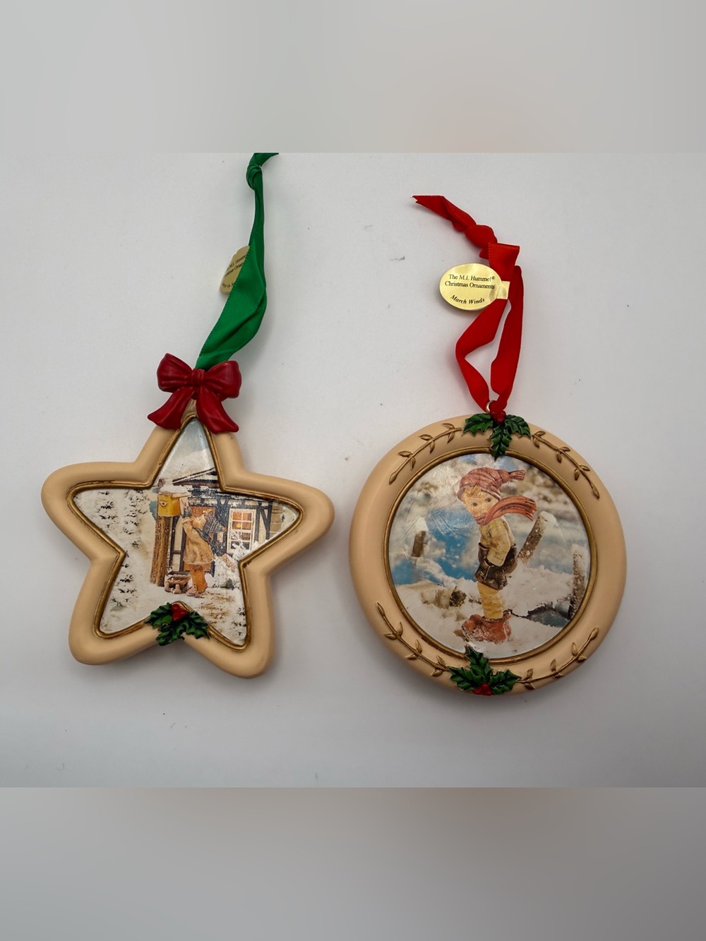M.I. Hummel Tan Trim Star & Round Ornaments with Red and Green